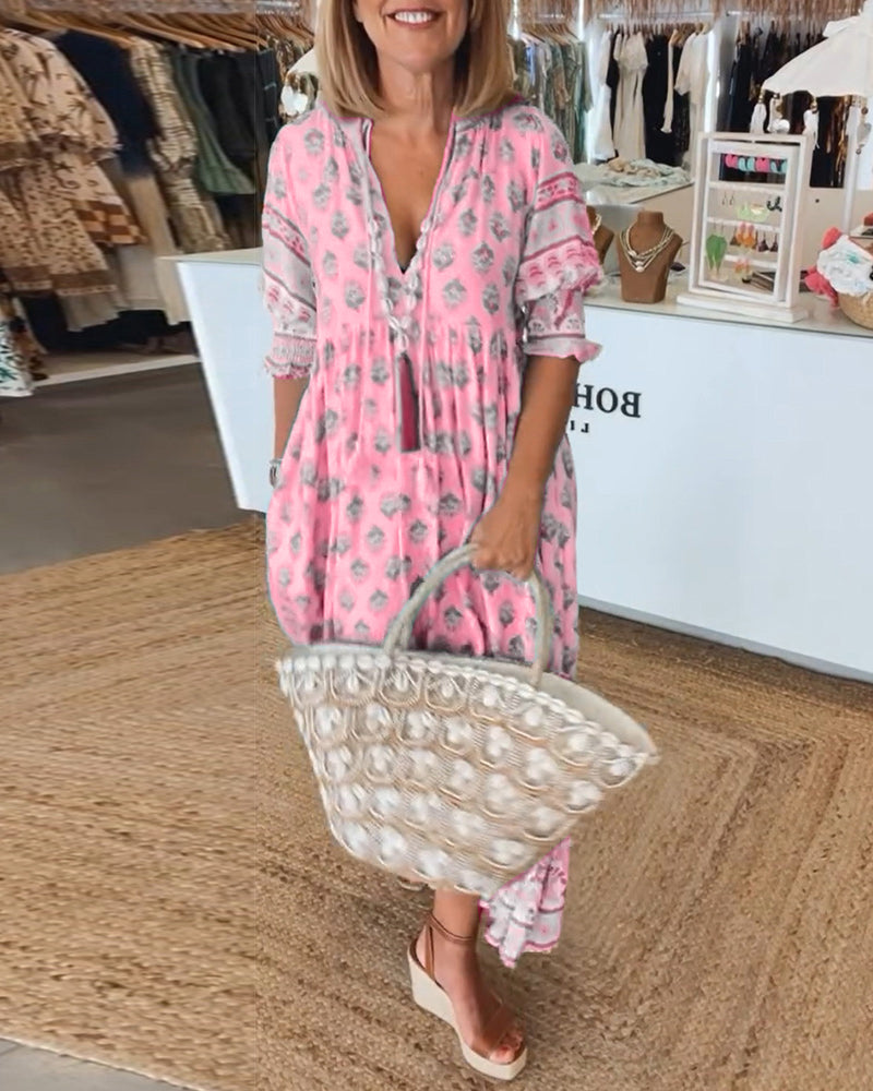 Bella Boho Midikjole | V-Hals, Puffede Ærmer, Loose Fit 3