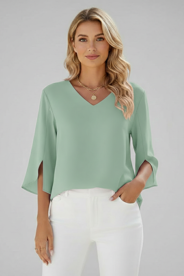 Dalia Damebluse | V-Hals, Korte Ærmer, Brystlomme 8