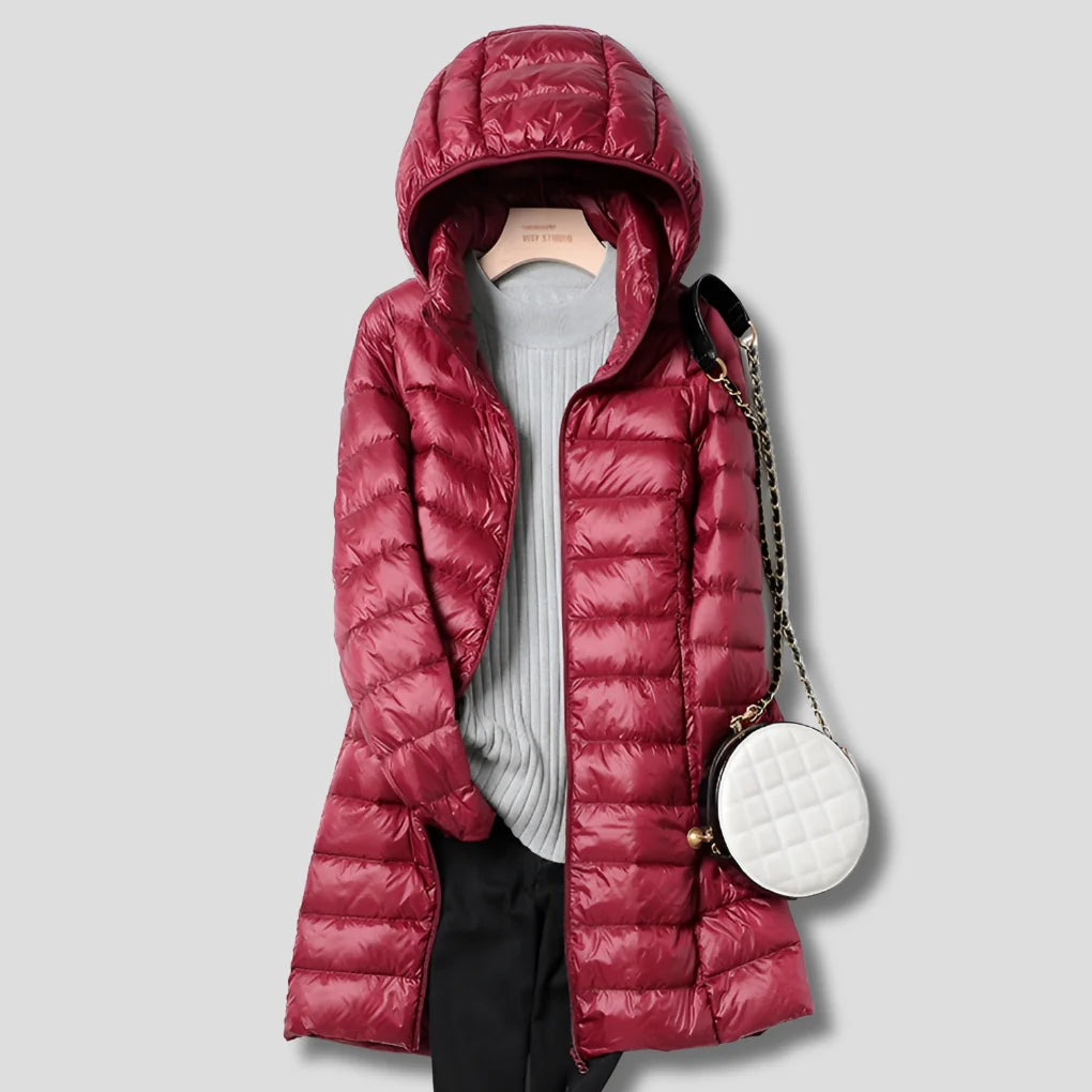 Iris | Long puffer jacket with hood and horizontal quilting