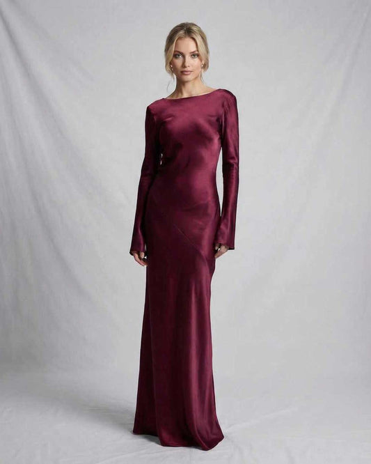 Vesper Maxi Kjole | Satin, Slank Pasform, Lange Ærmer, Dyb Bordeaux 1