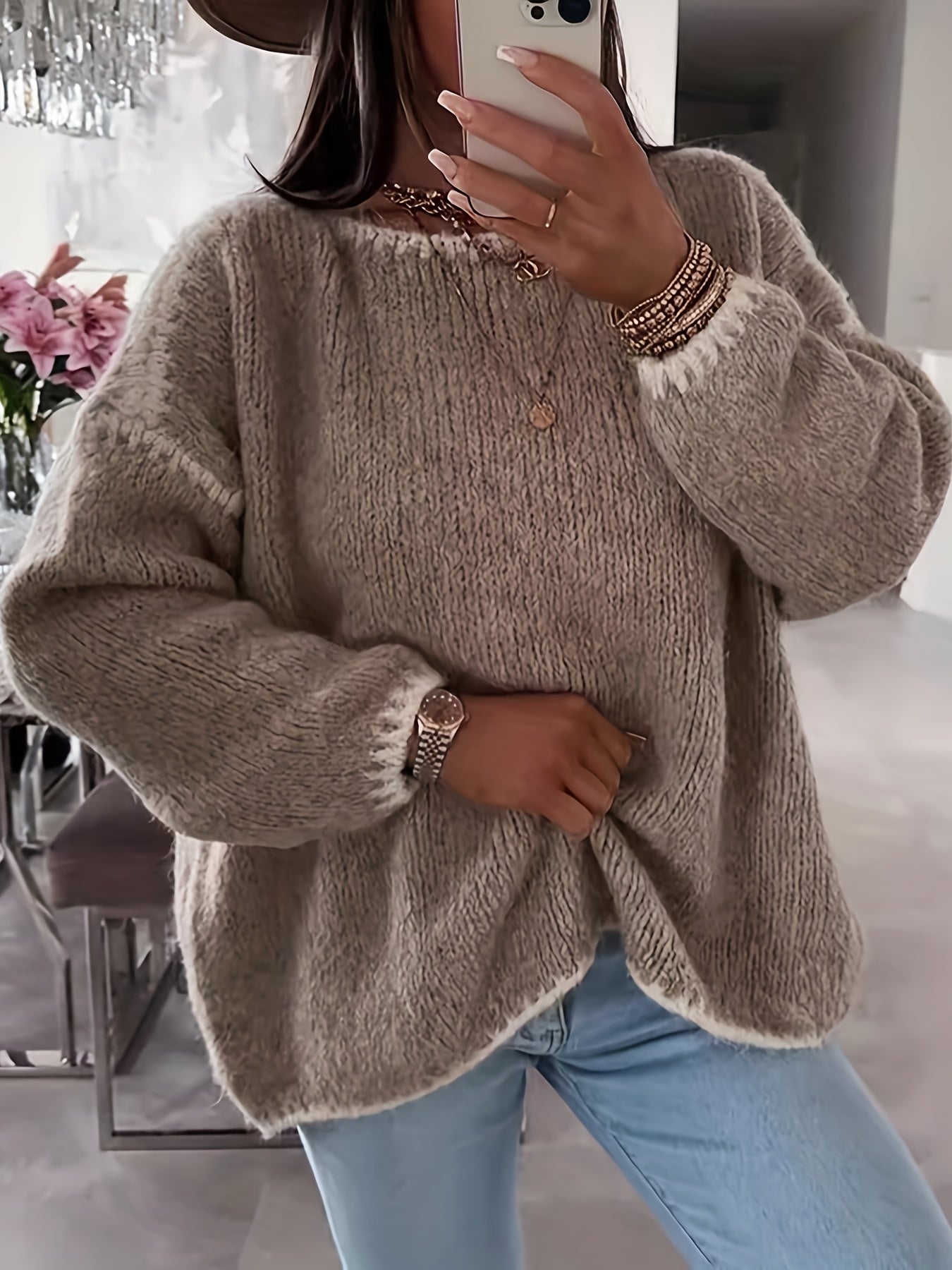 Anette Dame Sweater | Løstsiddende Uldtrøje med Bådudskæring og Kontrasterende Detaljer 0