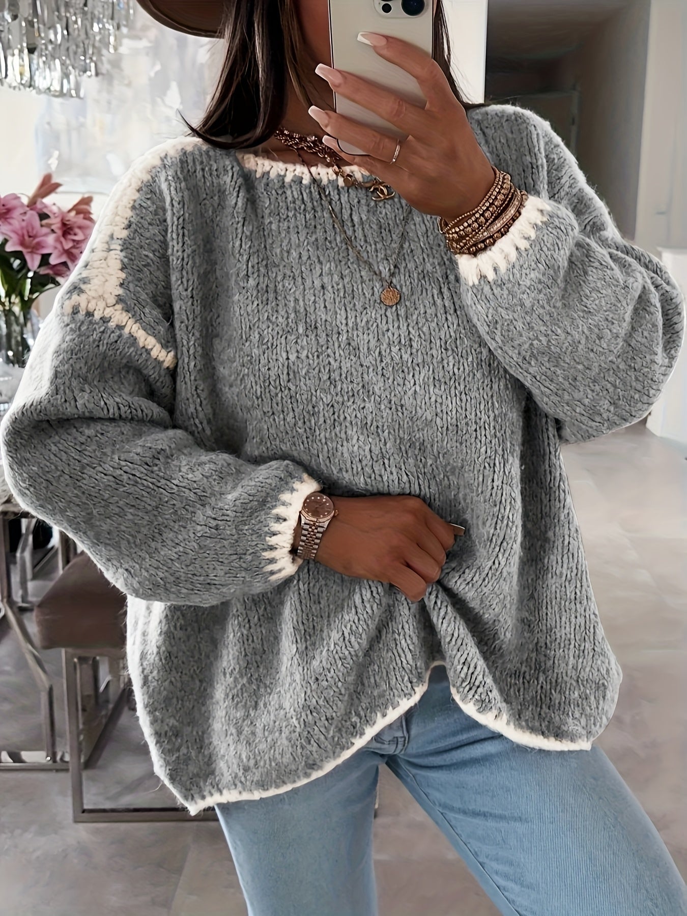 Anette Dame Sweater | Løstsiddende Uldtrøje med Bådudskæring og Kontrasterende Detaljer 3