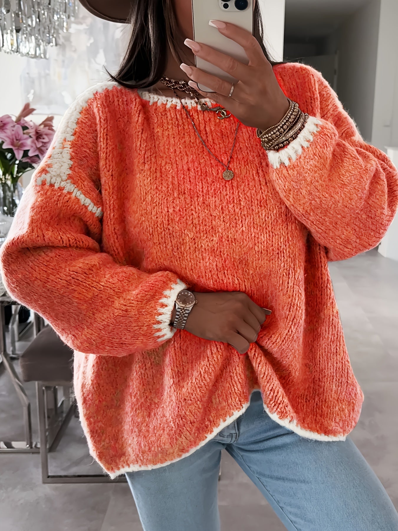 Anette Dame Sweater | Løstsiddende Uldtrøje med Bådudskæring og Kontrasterende Detaljer 4