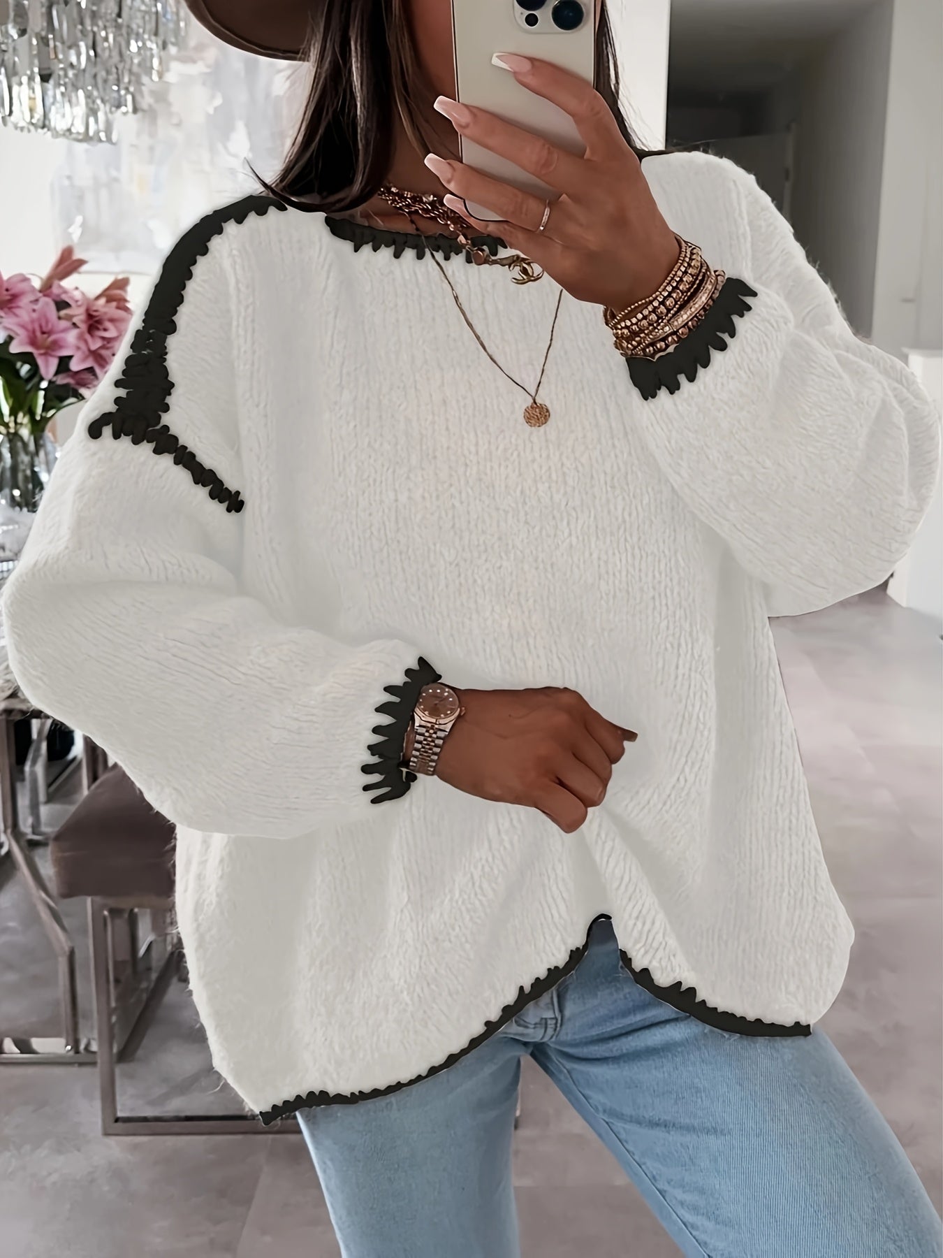 Anette Dame Sweater | Løstsiddende Uldtrøje med Bådudskæring og Kontrasterende Detaljer 6