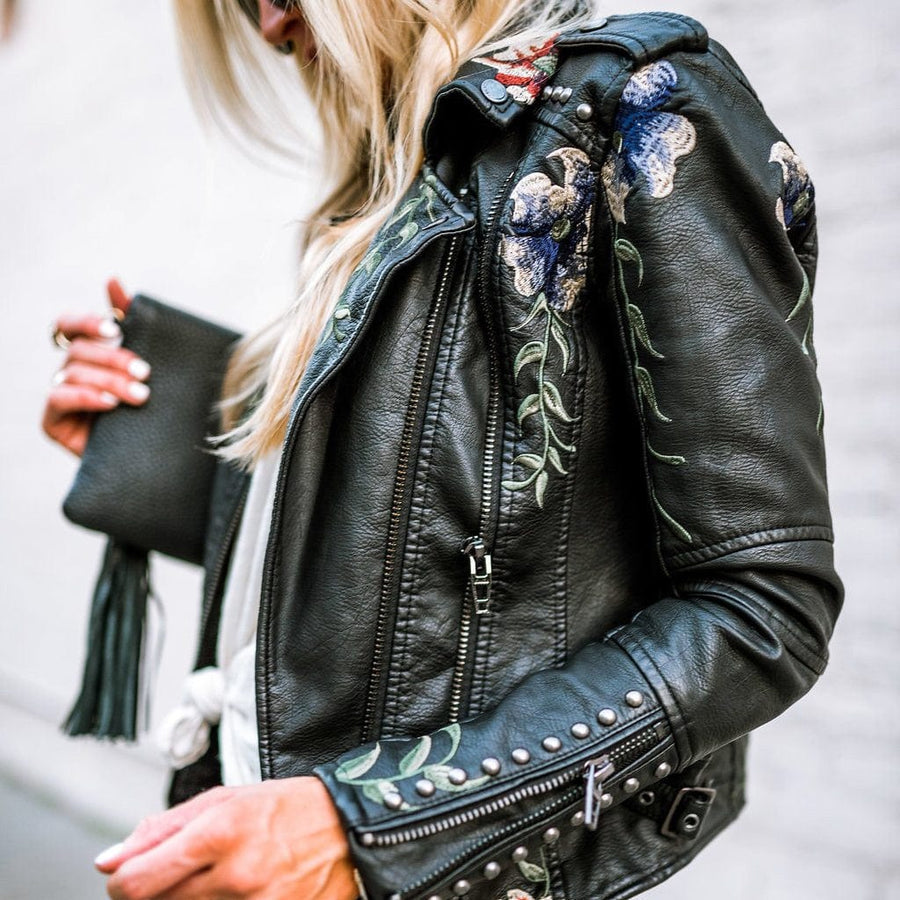 Aveline Læderjakke | Kunstlæder, Broderet Blomsterdesign 2