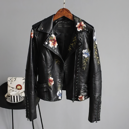 Aveline Læderjakke | Kunstlæder, Broderet Blomsterdesign 3