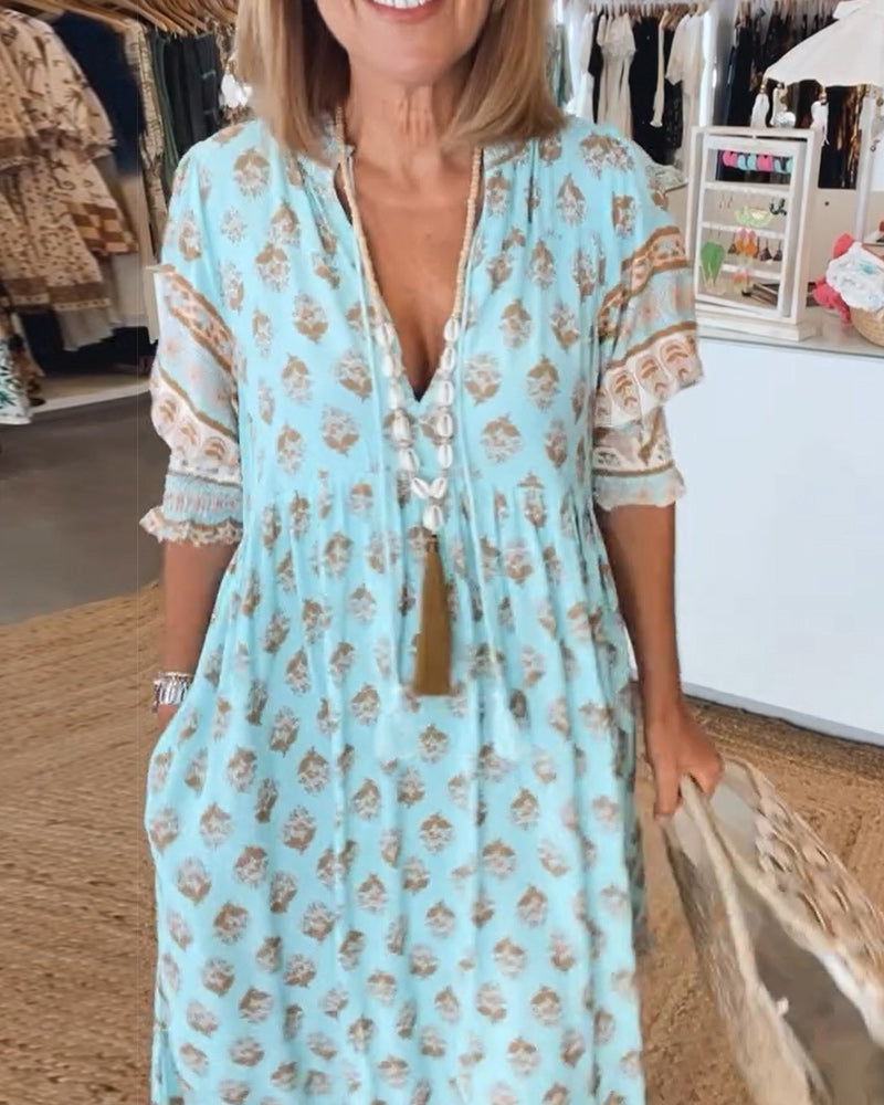 Bella Boho Midikjole | V-Hals, Puffede Ærmer, Loose Fit 0