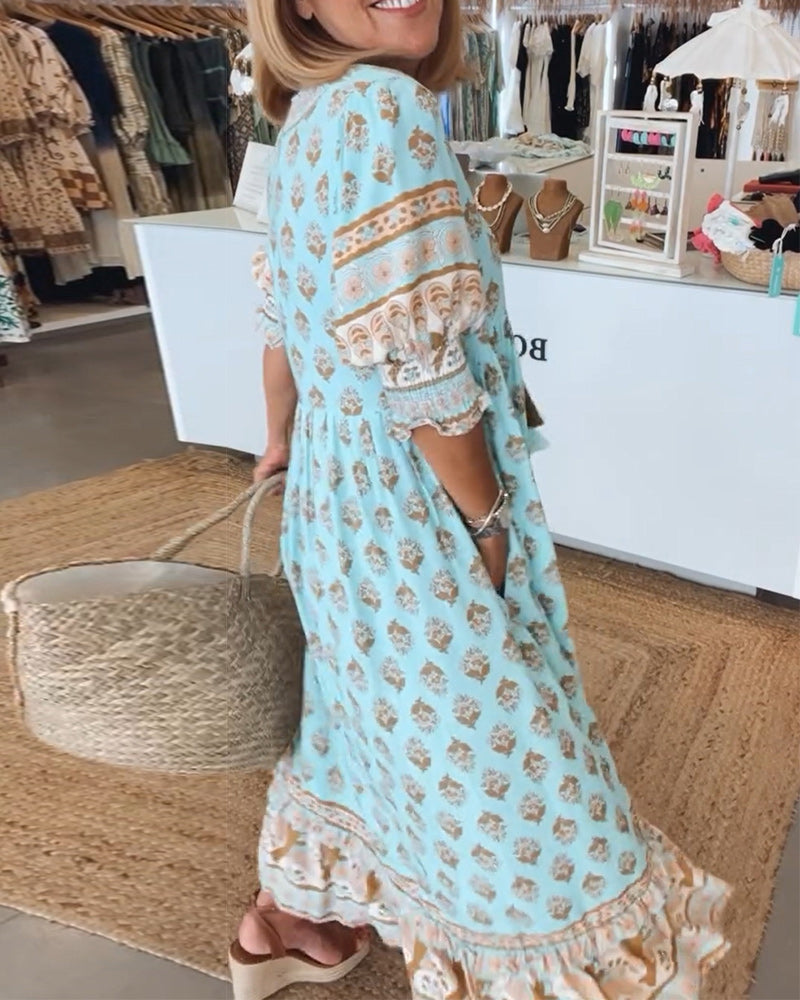 Bella Boho Midikjole | V-Hals, Puffede Ærmer, Loose Fit 1