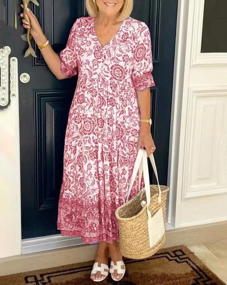 Bella Maxikjole | Blomstret, V-hals, Let Flydende 7