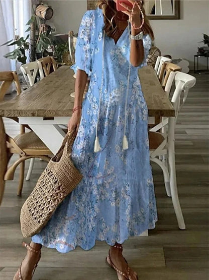 Bella Midikjole | Boho Mønstret, V-hals, 3/4 Ærmer 0