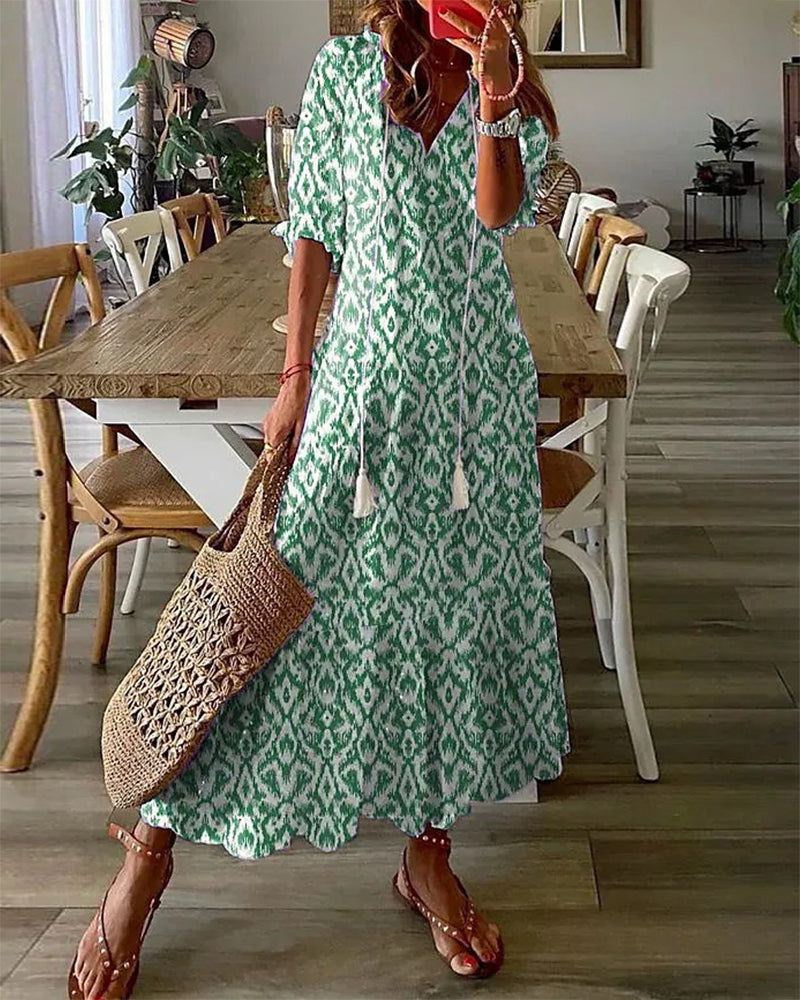 Bella Midikjole | Boho Mønstret, V-hals, 3/4 Ærmer 1