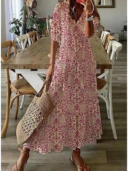 Bella Midikjole | Boho Mønstret, V-hals, 3/4 Ærmer 3