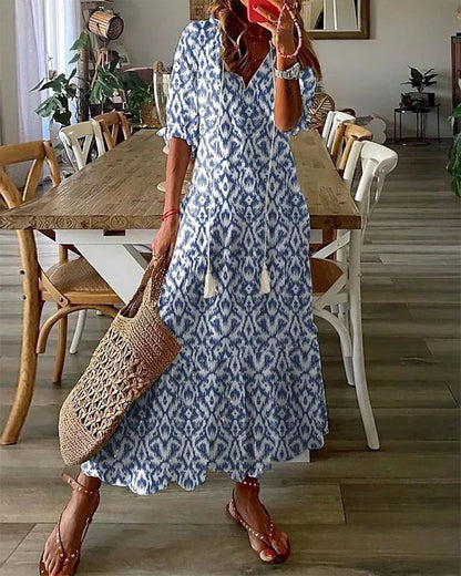 Bella Midikjole | Boho Mønstret, V-hals, 3/4 Ærmer 4