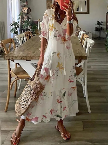 Bella Midikjole | Boho Mønstret, V-hals, 3/4 Ærmer 5
