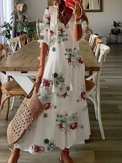 Bella Midikjole | Boho Mønstret, V-hals, 3/4 Ærmer 6