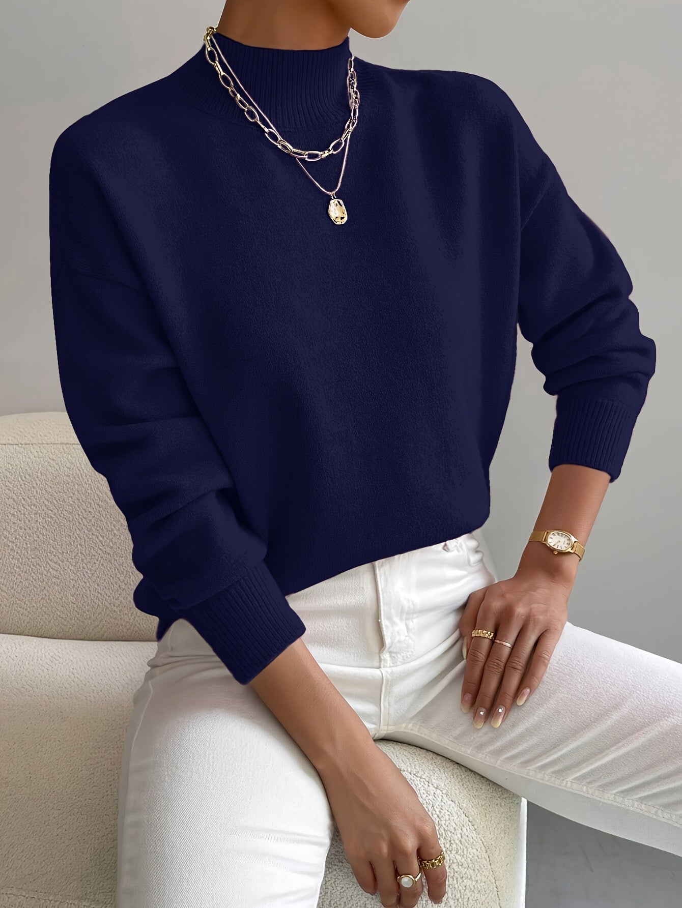Berta Strikbluse | Funnel Neck, Ribkanter, Løstsiddende Pasform 2