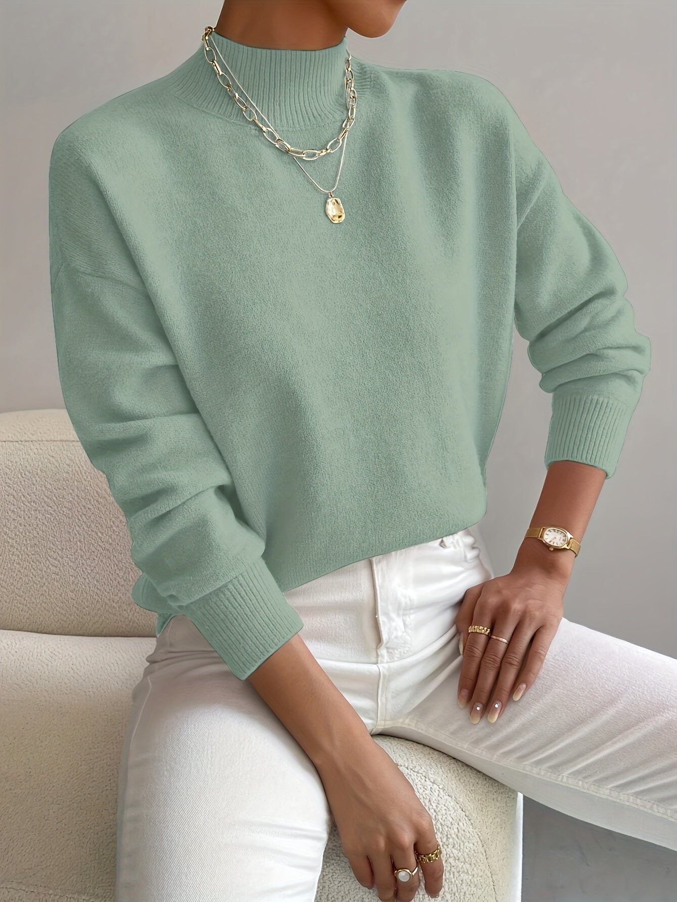 Berta Strikbluse | Funnel Neck, Ribkanter, Løstsiddende Pasform 3