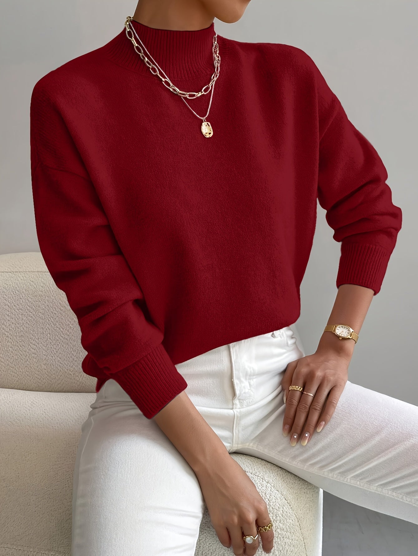 Berta Strikbluse | Funnel Neck, Ribkanter, Løstsiddende Pasform 4