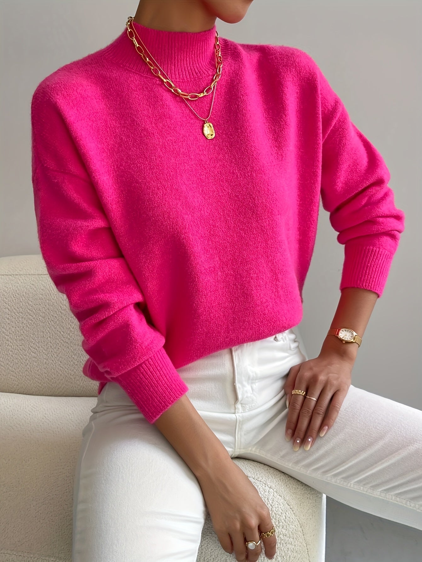 Berta Strikbluse | Funnel Neck, Ribkanter, Løstsiddende Pasform 5