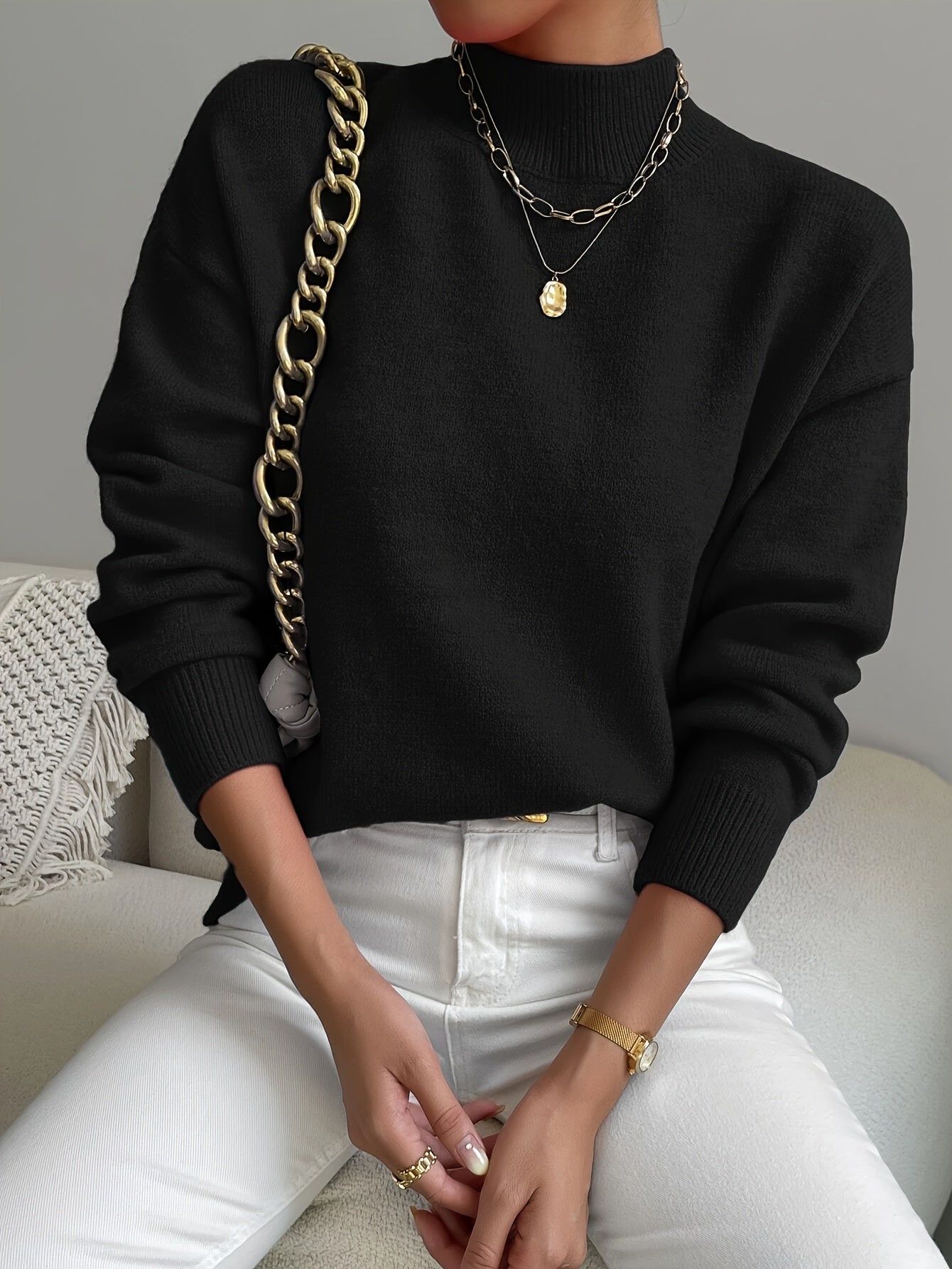 Berta Strikbluse | Funnel Neck, Ribkanter, Løstsiddende Pasform 6