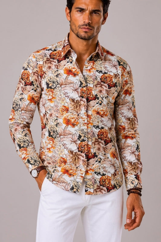 Skjorte med klassisk krave og lange ærmer i orange blomsterprint