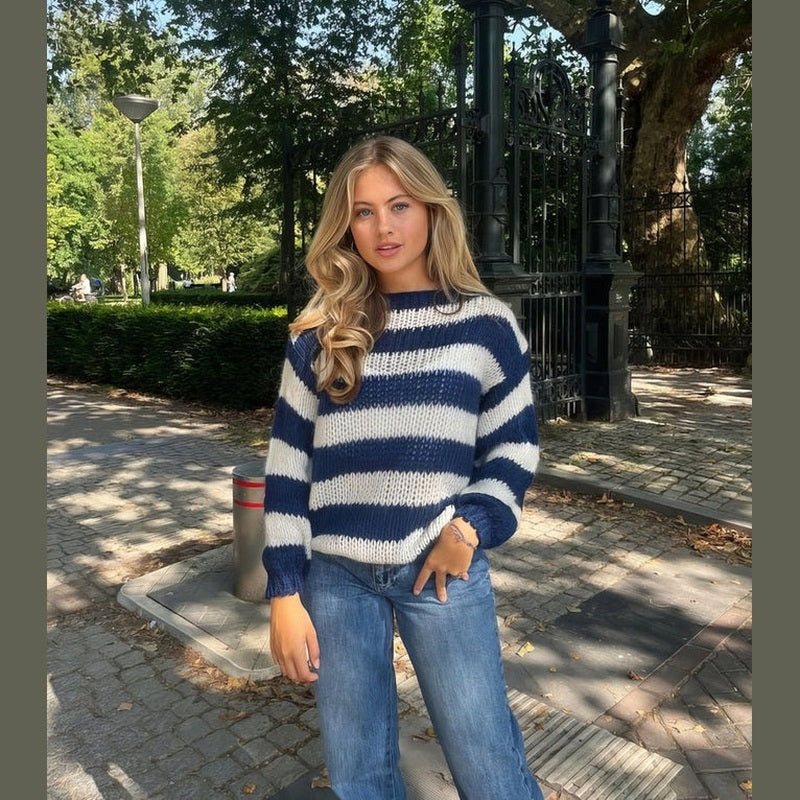 Bodil Striktrøje Dame | Oversized, Stribet Design, Groft Strik 0