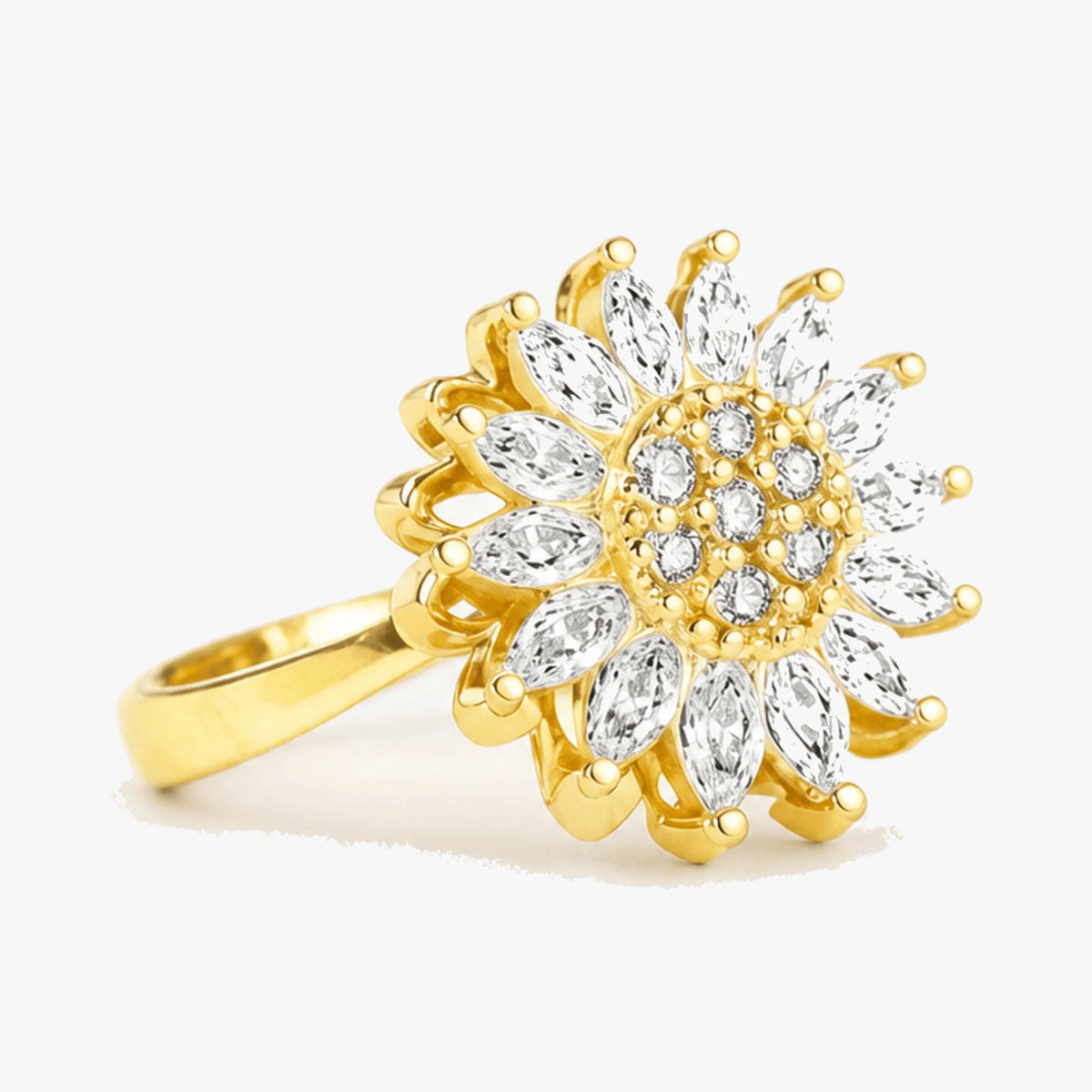 Justerbar fidgetring i guld med drejeligt solblomst-motiv og klare sten