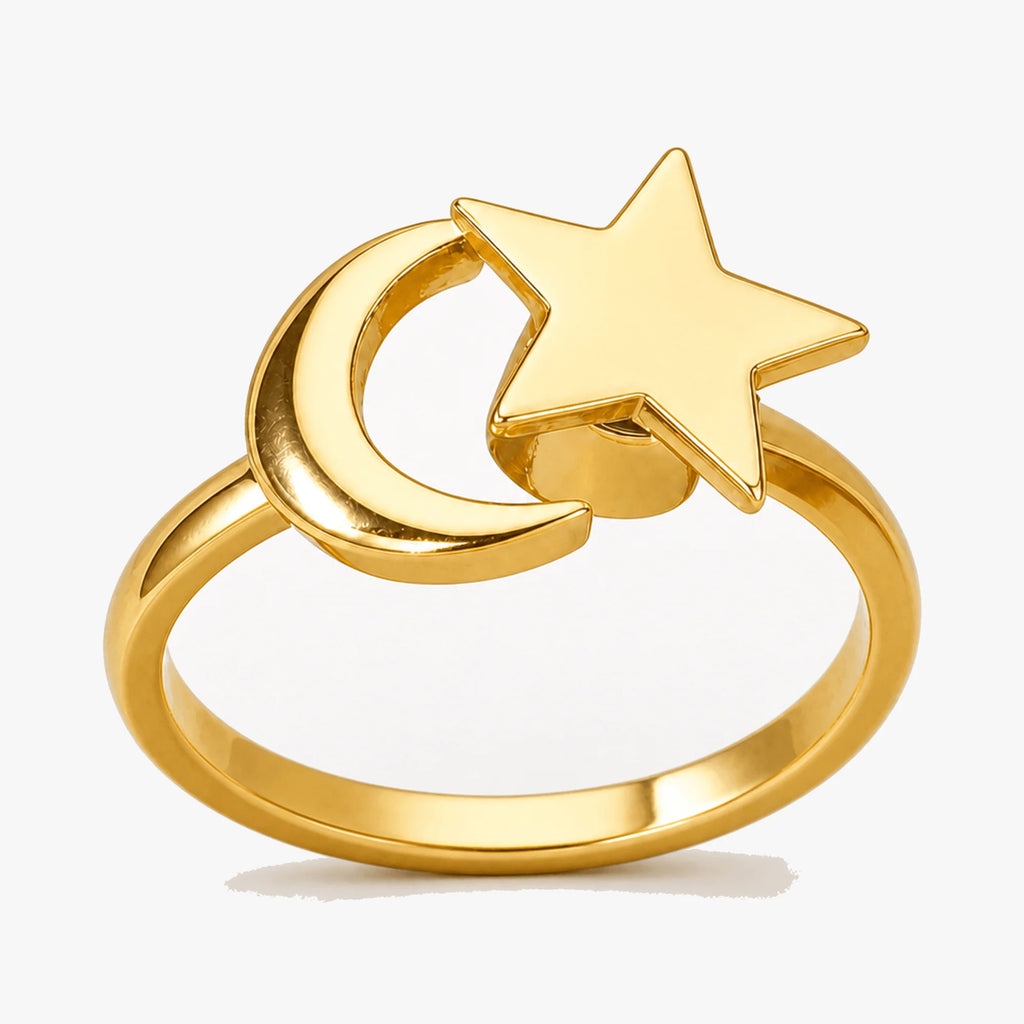 Justerbar fidgetring i guld med stjerne og måne drejemotiv