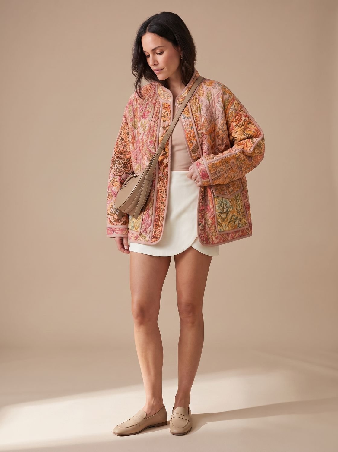 Quiltet patchworkjakke med lav ståkrave og kontrastkantbånd i rosa, beige og flerfarvede mønstre.
