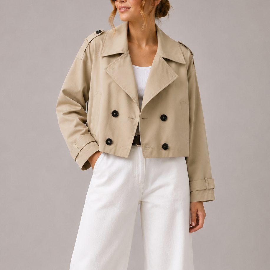 Kort jakke med stor revers og dobbeltradet knaplukning, beige, klaplommer og knapper