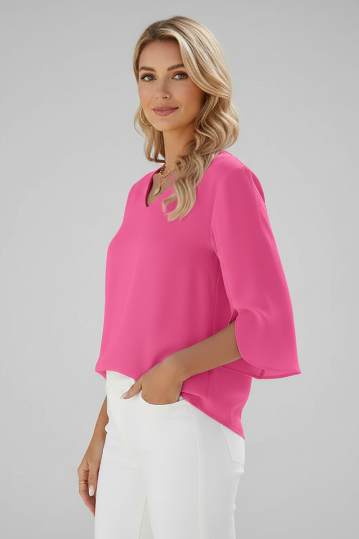 Dalia Damebluse | V-Hals, Korte Ærmer, Brystlomme 3