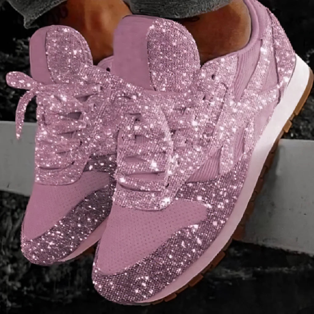 Lyserøde glittersneakers med snørebånd og tandet gummisål