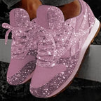 Lyserøde glittersneakers med snørebånd og tandet gummisål