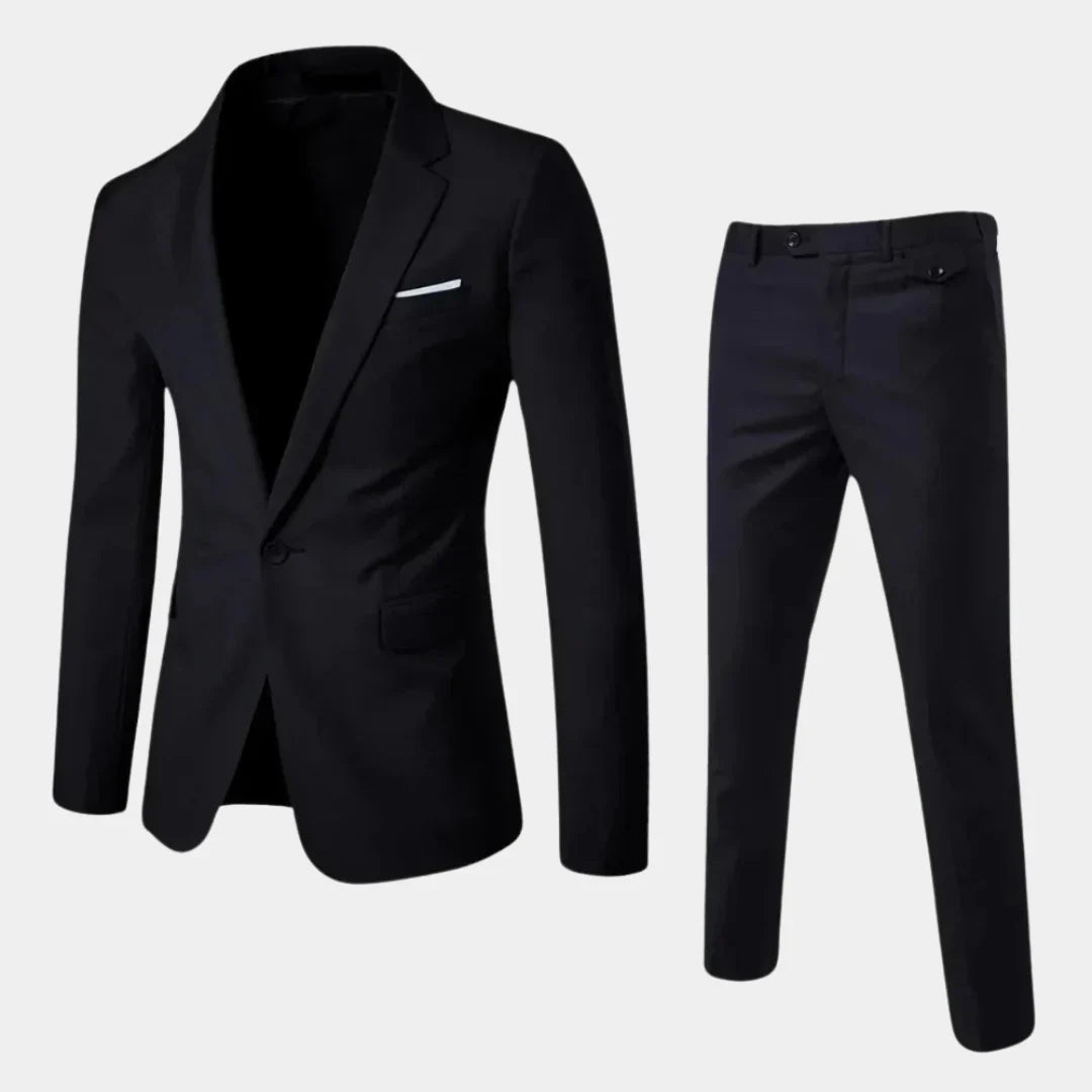Herresæt med enkeltradet blazer og lige bukser, sort