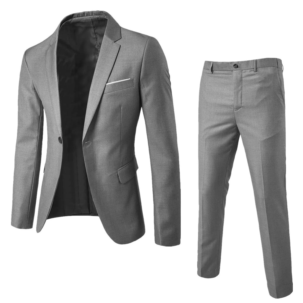 Herresæt med enkeltradet blazer og lige bukser, grå