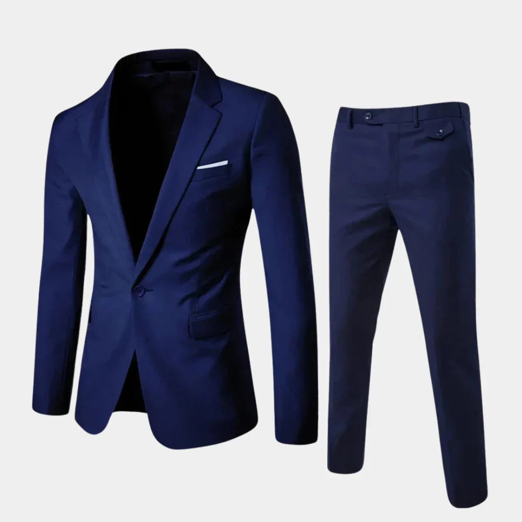 Herresæt med enkeltradet blazer og lige bukser, mørk blå