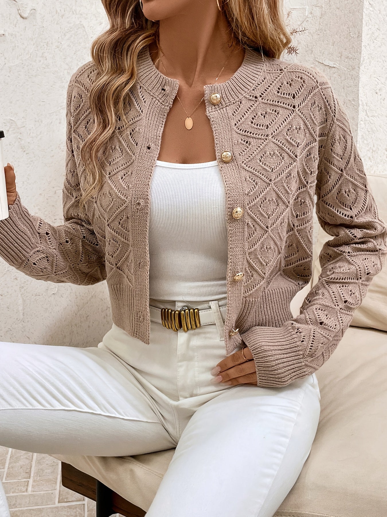 Elysia Cropped Cardigan | Geometrisk Strikket, Rund Hals 0