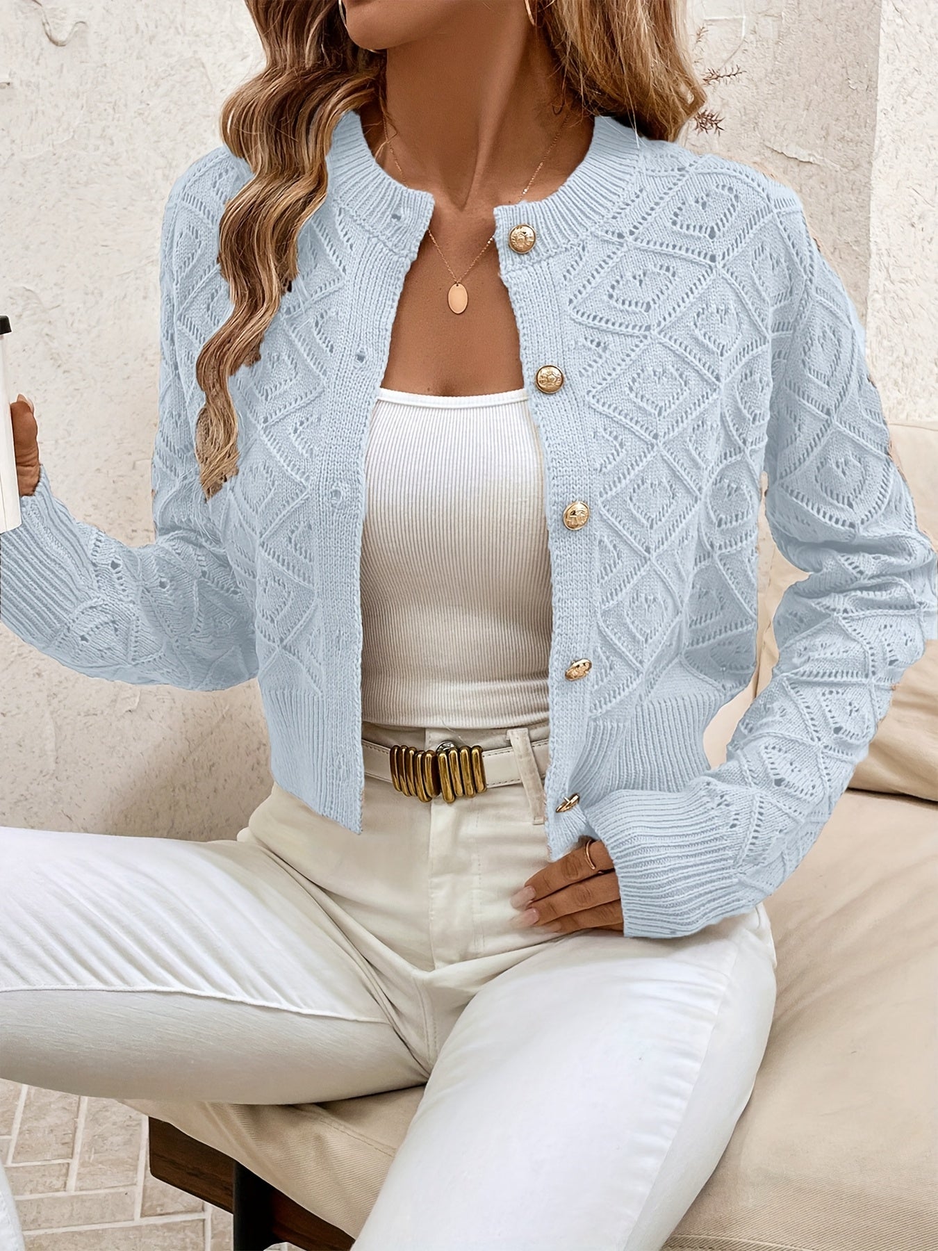 Elysia Cropped Cardigan | Geometrisk Strikket, Rund Hals 1