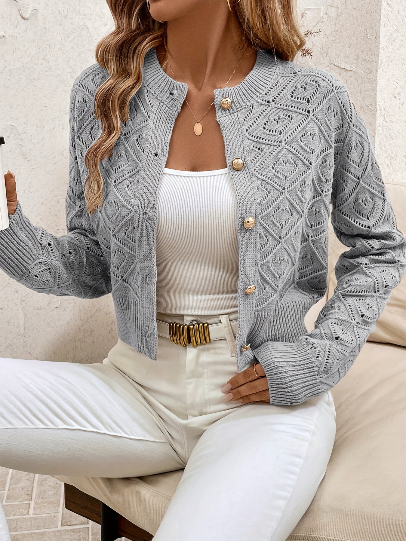 Elysia Cropped Cardigan | Geometrisk Strikket, Rund Hals 3
