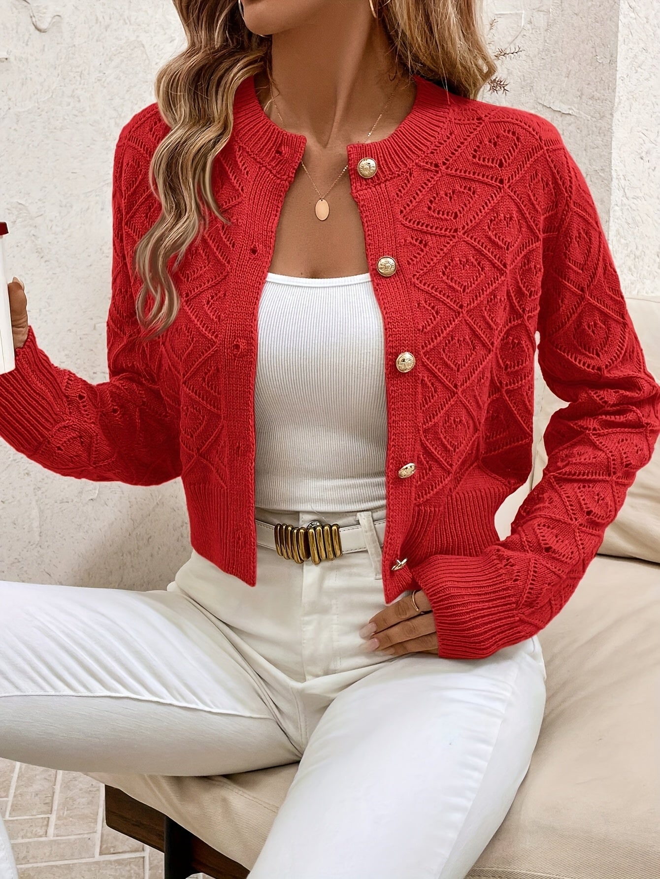Elysia Cropped Cardigan | Geometrisk Strikket, Rund Hals 4