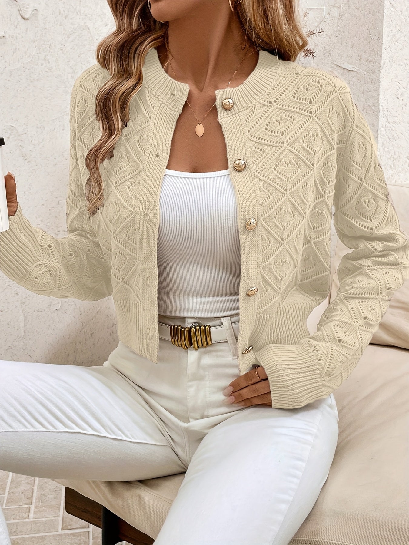 Elysia Cropped Cardigan | Geometrisk Strikket, Rund Hals 5