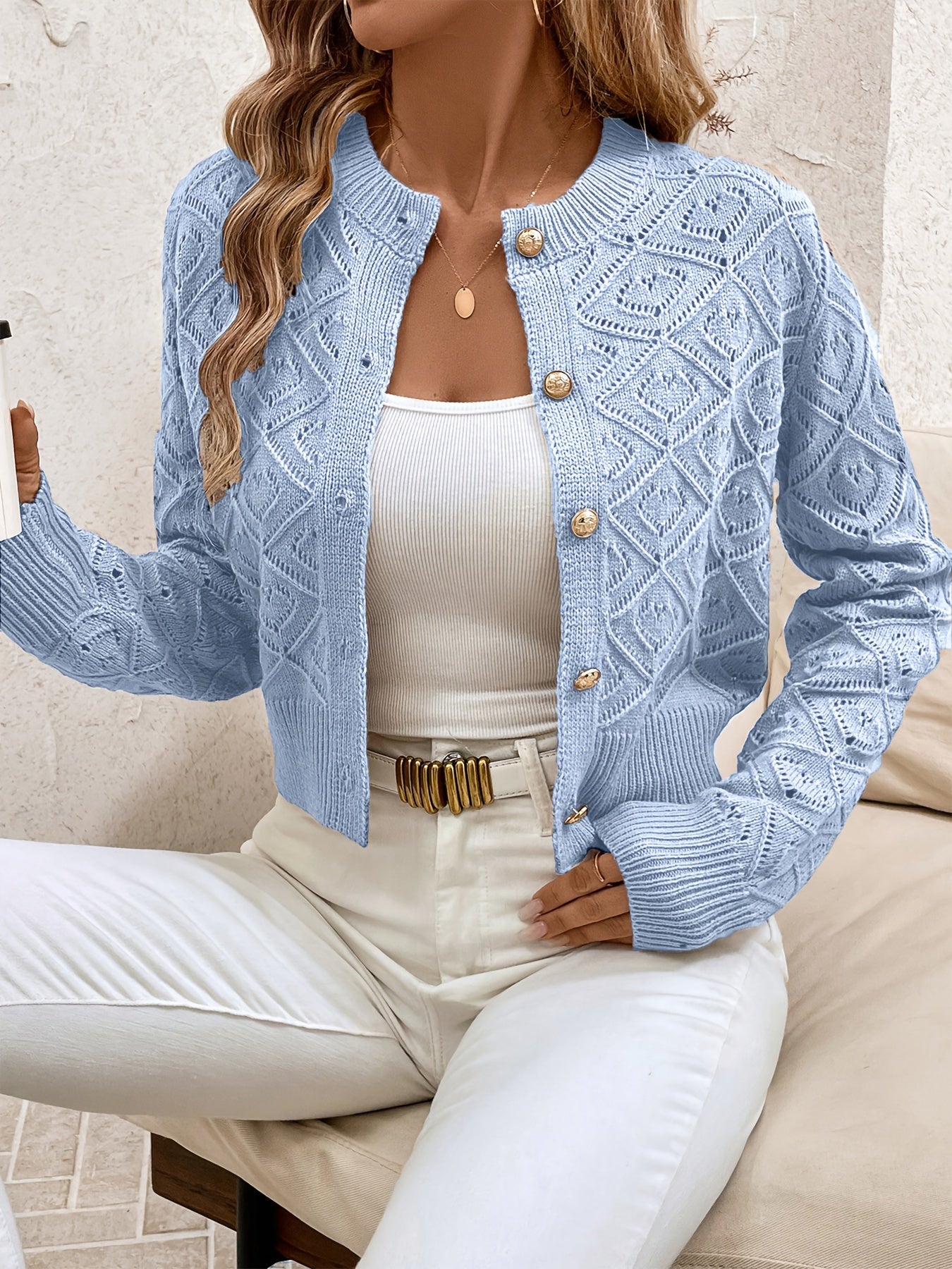 Elysia Cropped Cardigan | Geometrisk Strikket, Rund Hals 6