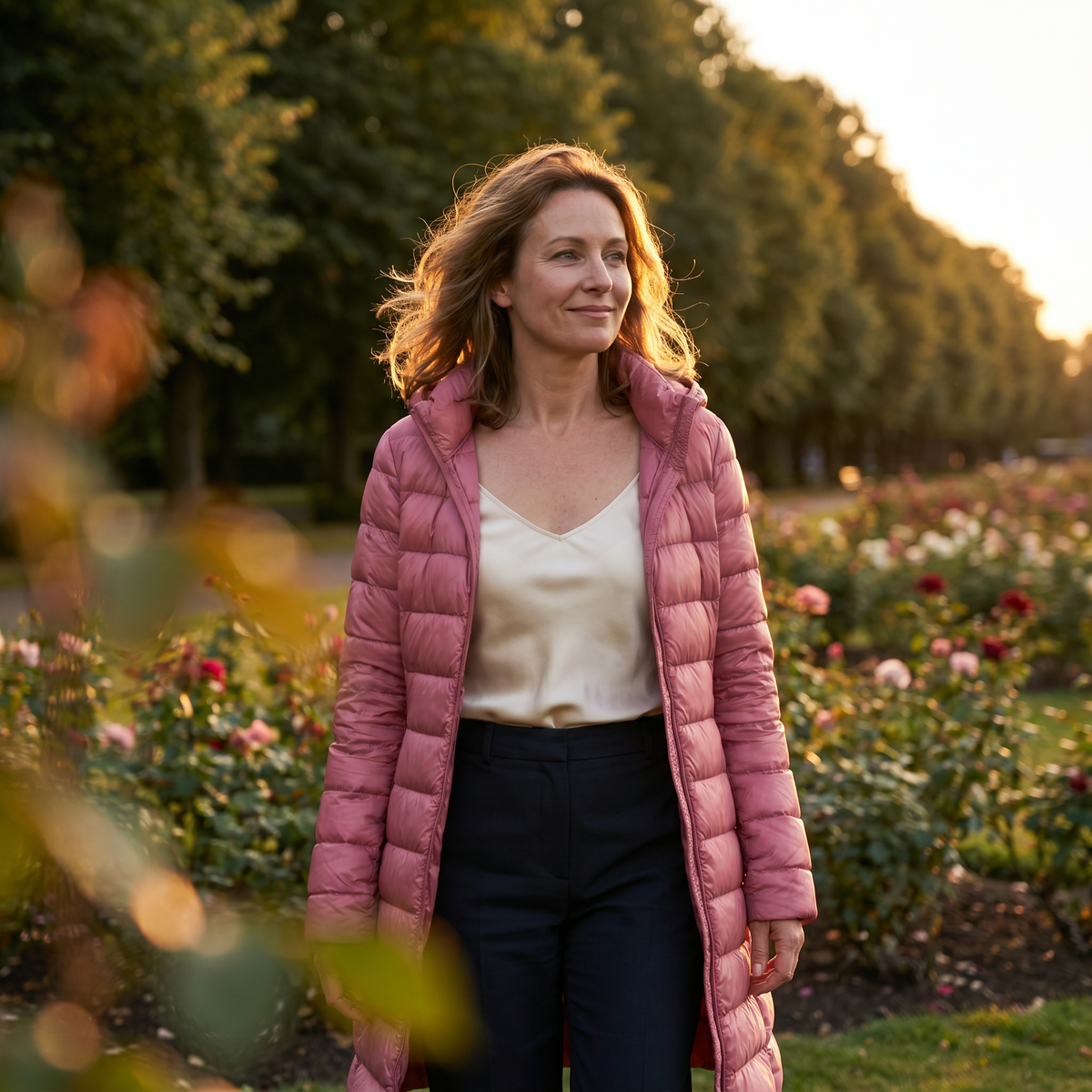 Rosa lang pufferjakke med hætte og vandret quiltning, båret med lange ærmer