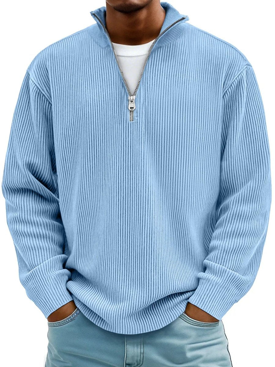 Fabel Herrestrikket Sweatshirt | Ribstruktur, Halv Lynlås, Løs Pasform 0
