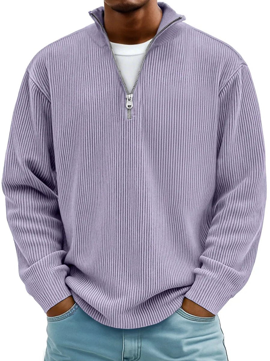 Fabel Herrestrikket Sweatshirt | Ribstruktur, Halv Lynlås, Løs Pasform 2