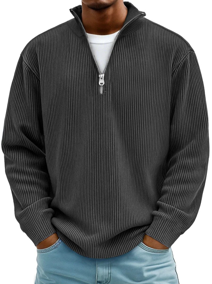 Fabel Herrestrikket Sweatshirt | Ribstruktur, Halv Lynlås, Løs Pasform 3