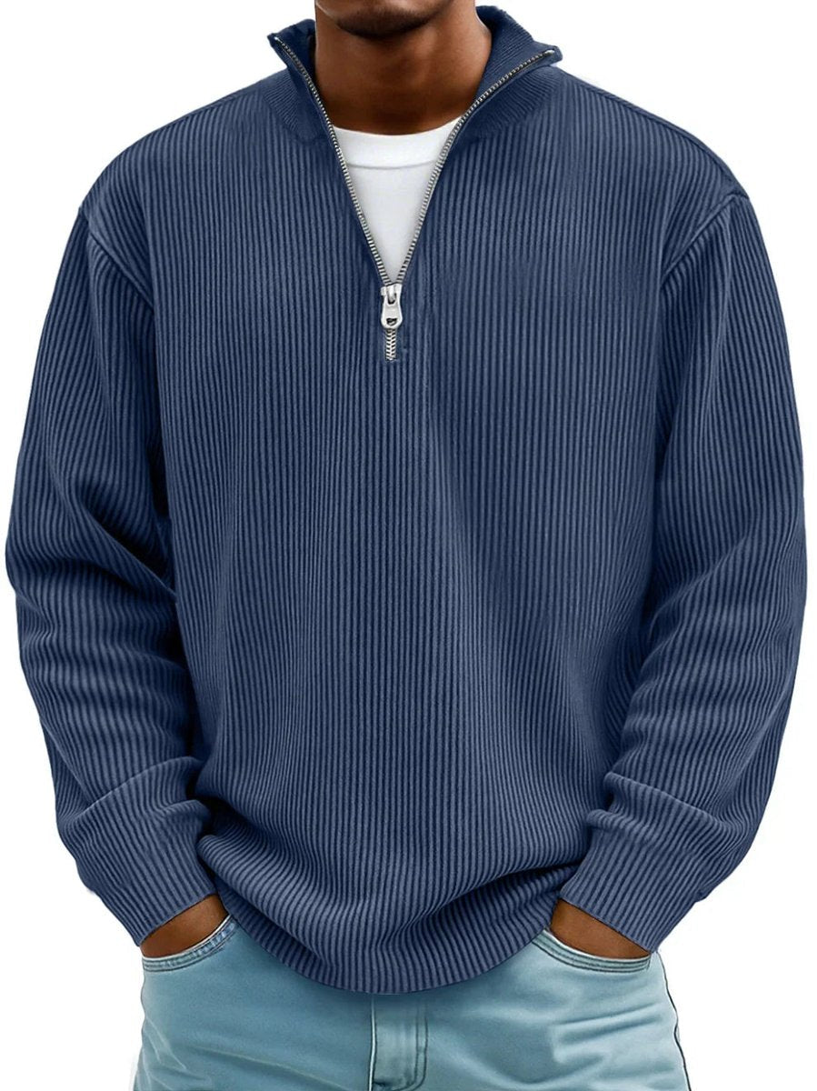 Fabel Herrestrikket Sweatshirt | Ribstruktur, Halv Lynlås, Løs Pasform 5