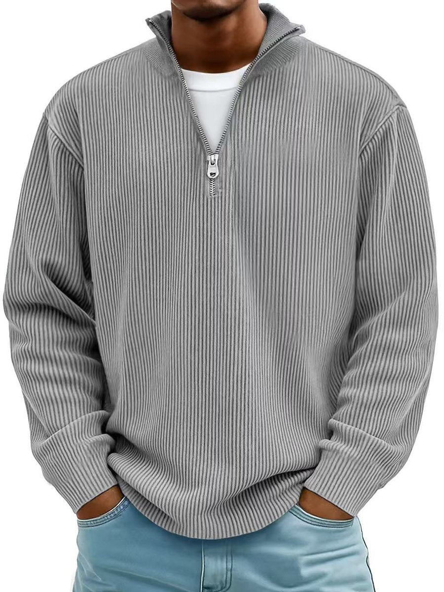 Fabel Herrestrikket Sweatshirt | Ribstruktur, Halv Lynlås, Løs Pasform 9
