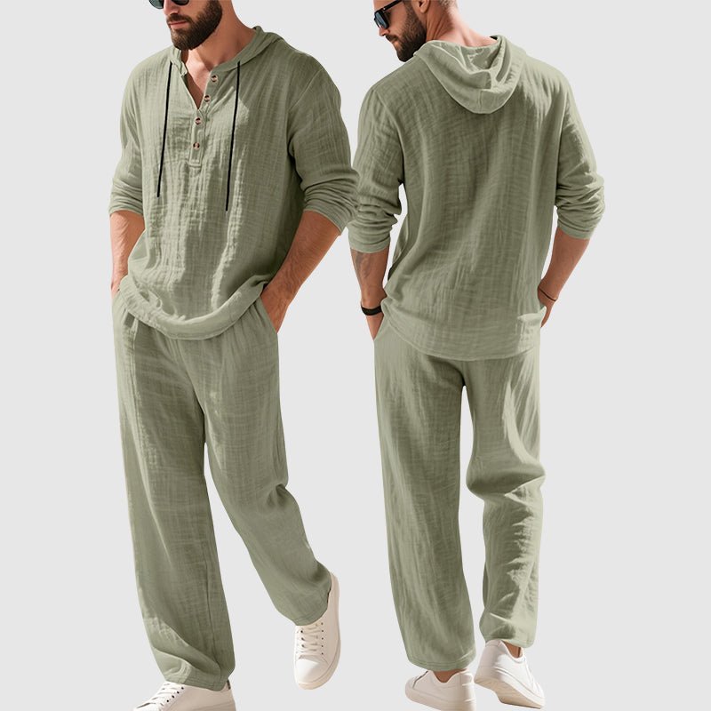 Fino Herre Hættetrøje | Linned Henley, Afslappet Todelt Sæt 5