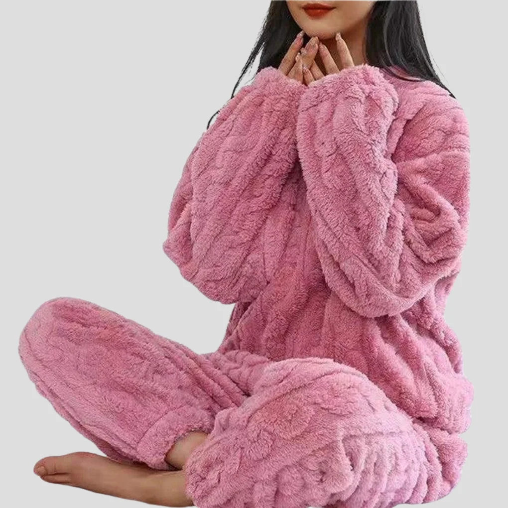 Lyserødt to-delt teddyfleece-sæt med rund hals sweater og brede bukseben.